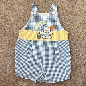 Beach Bear Gingham Seersucker Baby Overalls Jon Jon Vintage 3-6 months